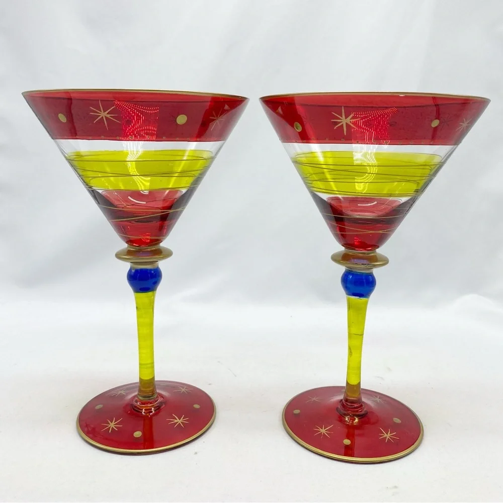 Vintage Pier One Martini Glasses Festive Red Star Dot Pattern Set of 2